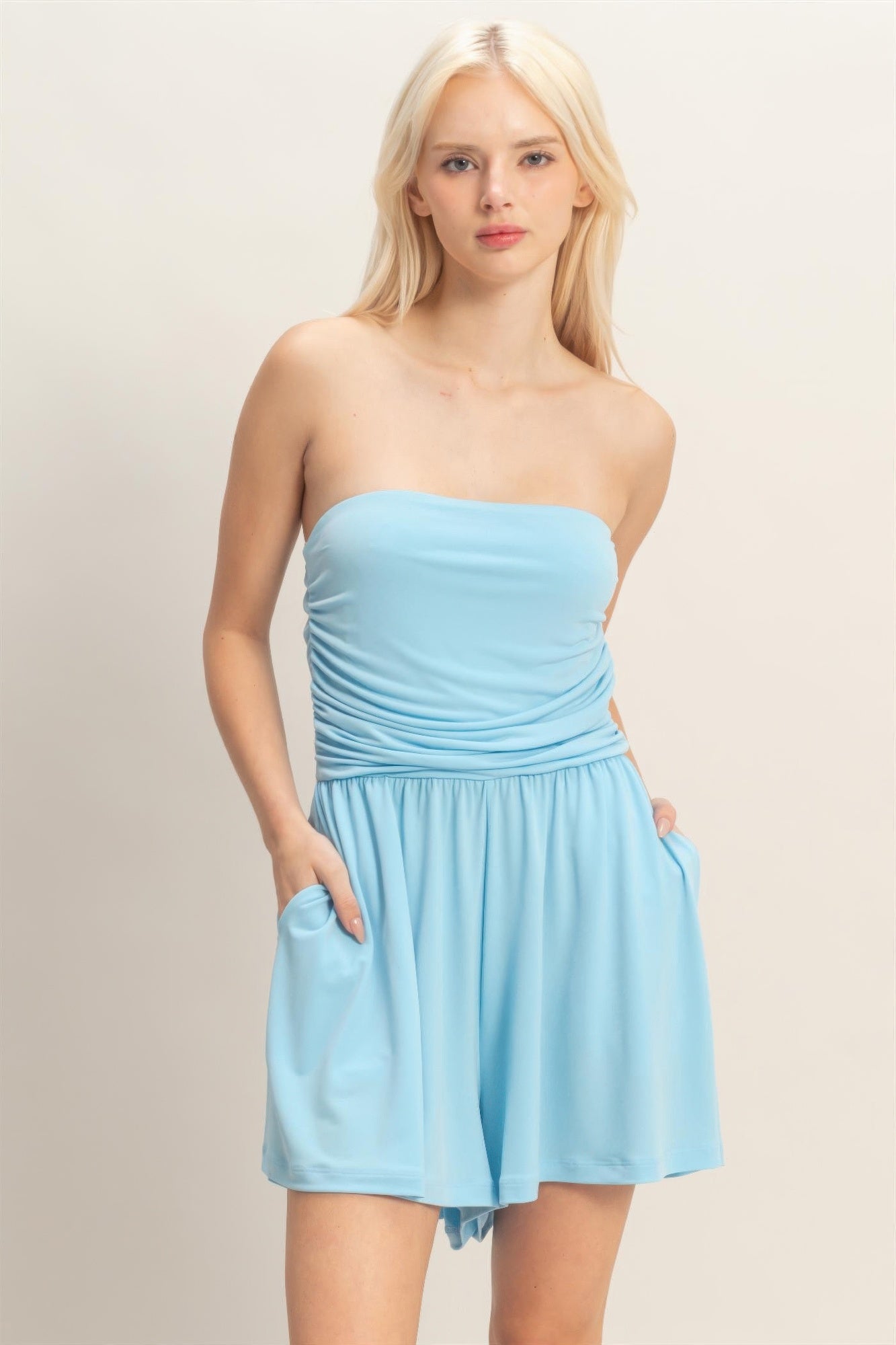 Strapless Shirred Waist Romper  Shop One Place