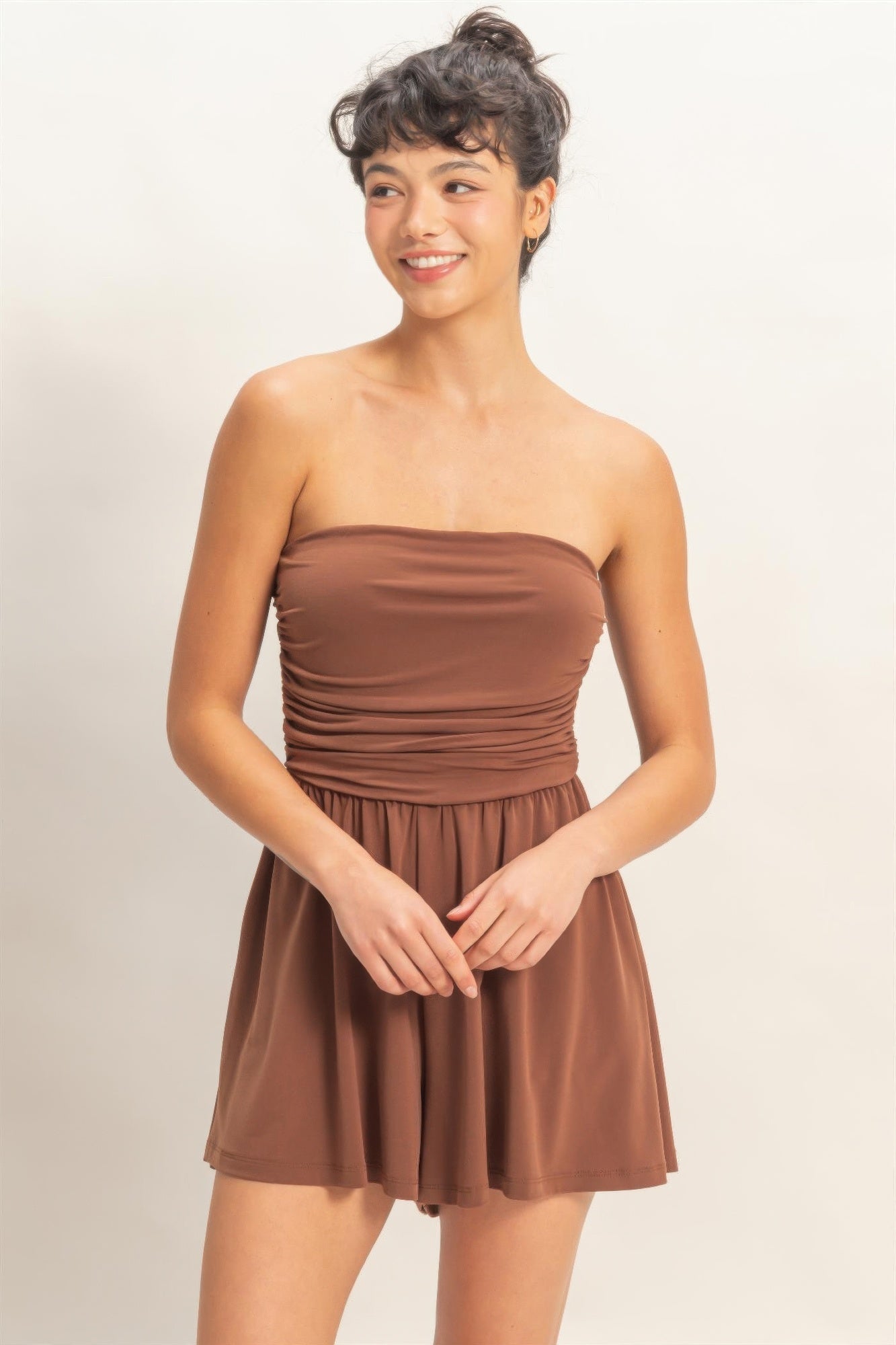 Strapless Shirred Waist Romper  Shop One Place