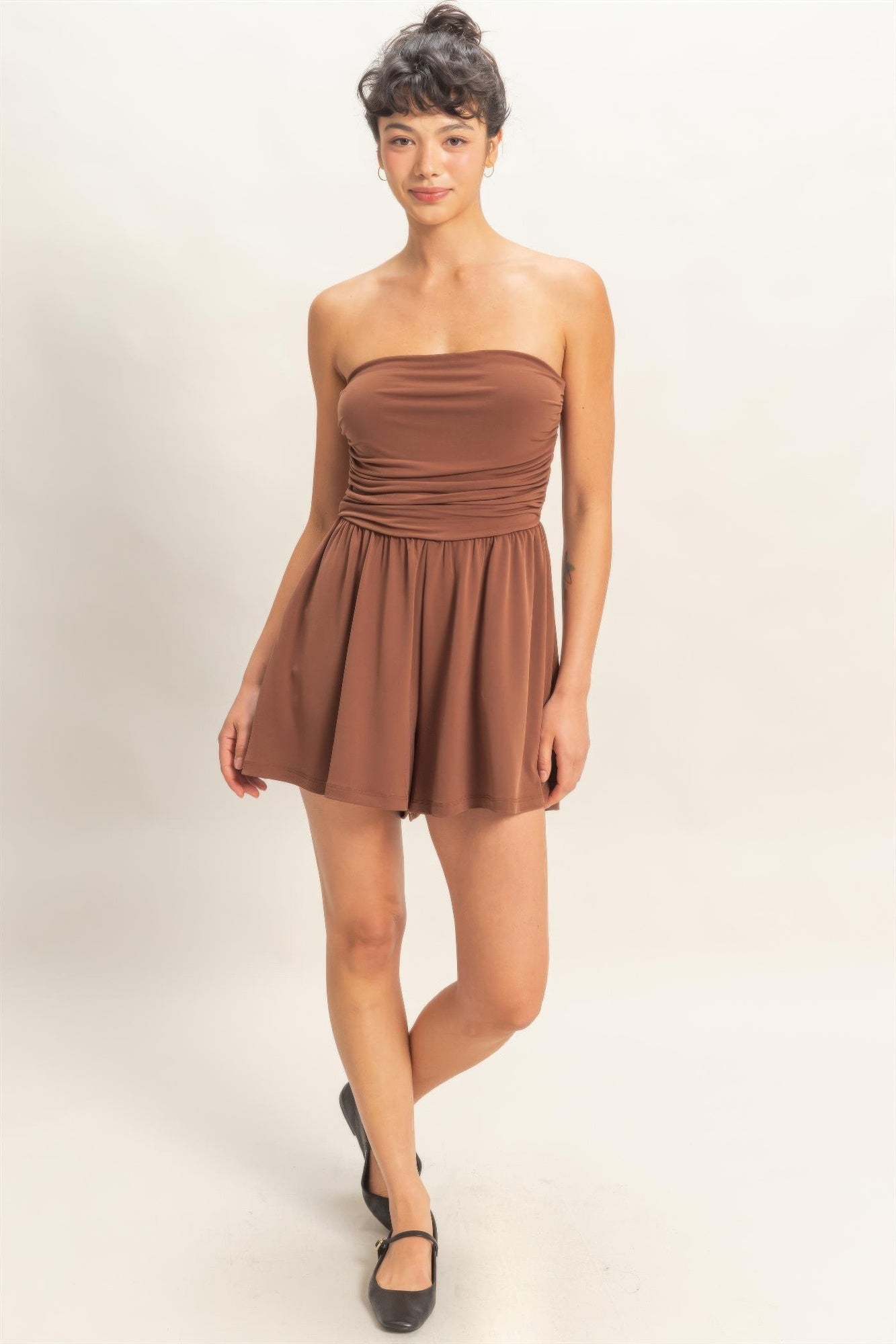 Strapless Shirred Waist Romper  Shop One Place