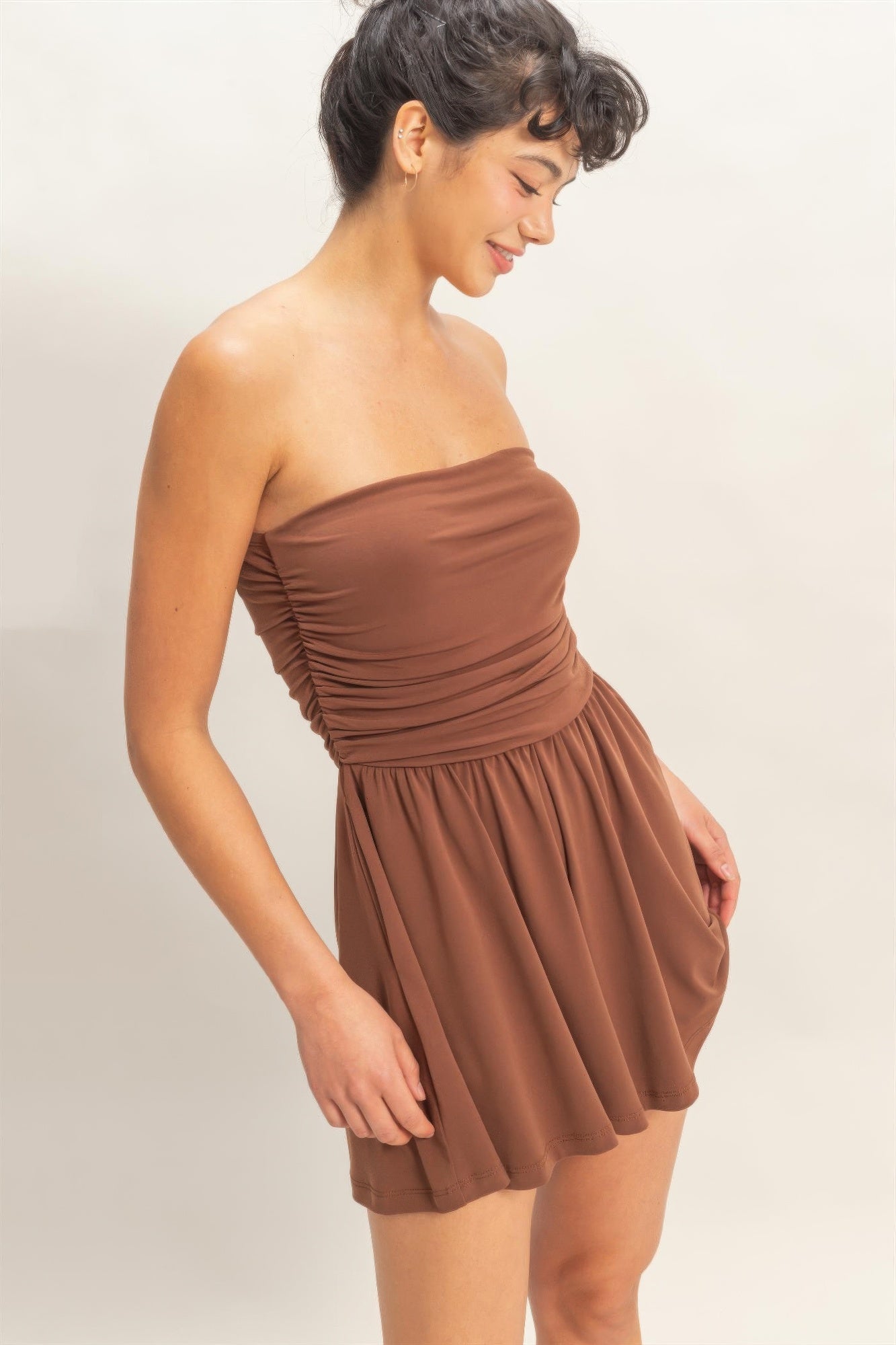 Strapless Shirred Waist Romper  Shop One Place