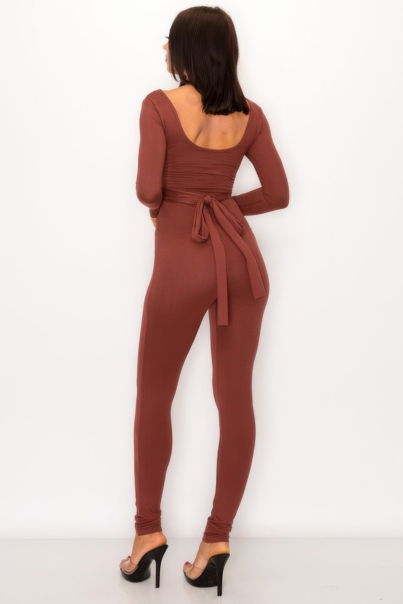 Front Shirring Back Tie Skinny Jumpsuit  Shop One Place