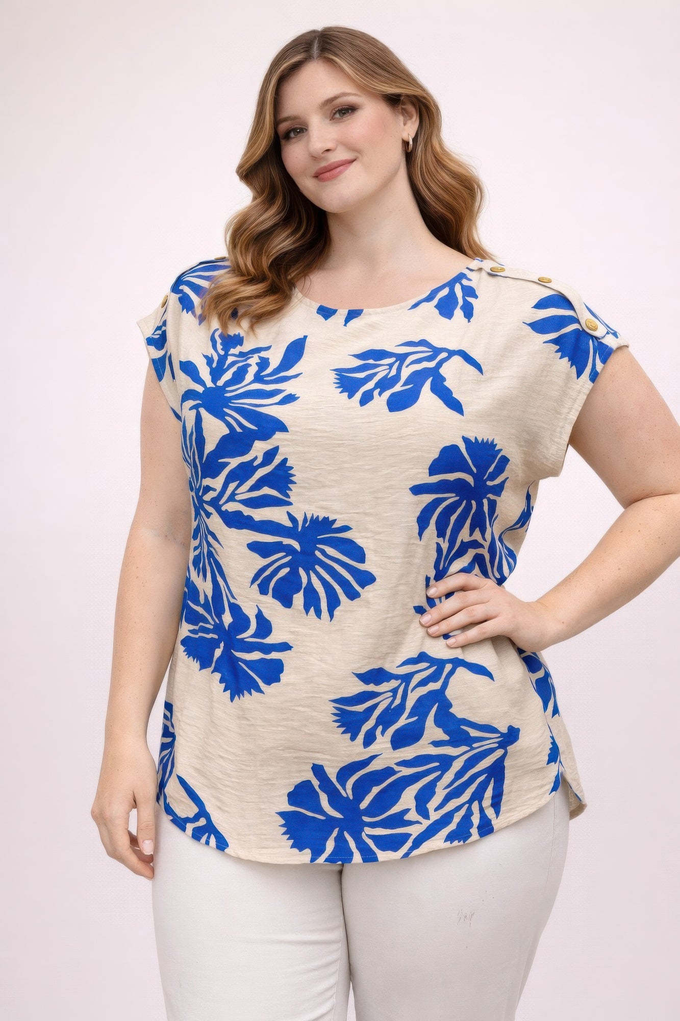 Plus Size Tropical Leaf Print Button-shoulder Top  Shop One Place
