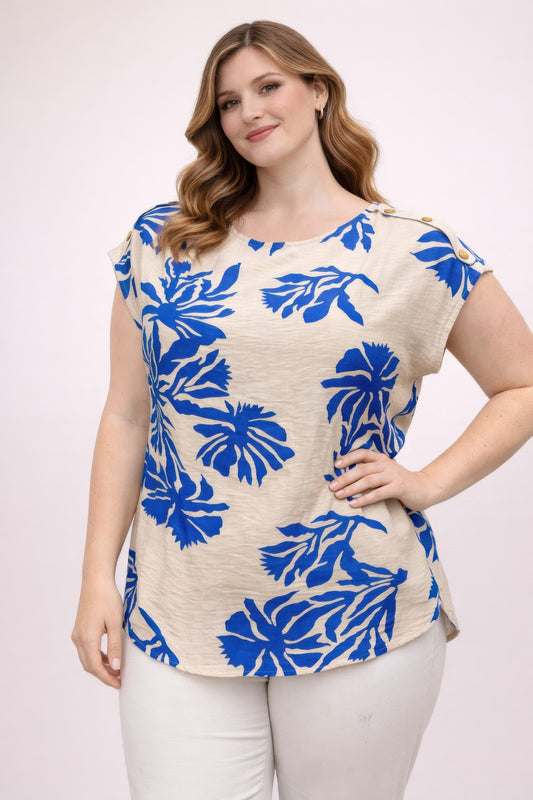 Plus Size Tropical Leaf Print Button-shoulder Top  Shop One Place