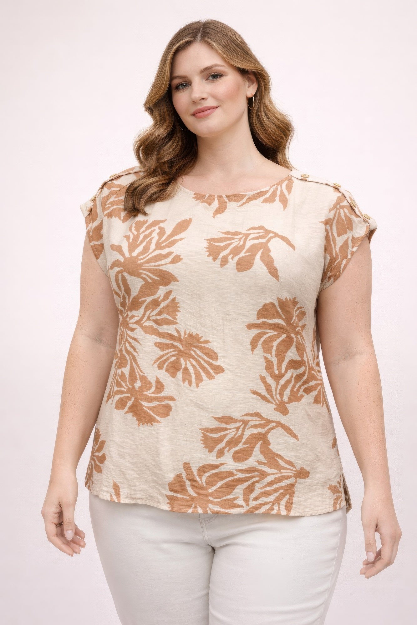 Plus Size Tropical Leaf Print Button-shoulder Top  Shop One Place