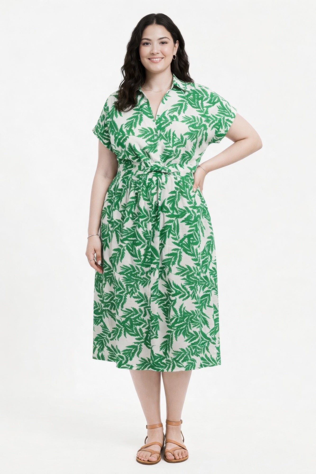 Botanical Print Collared Wrap Waist Midi Dress  Shop One Place