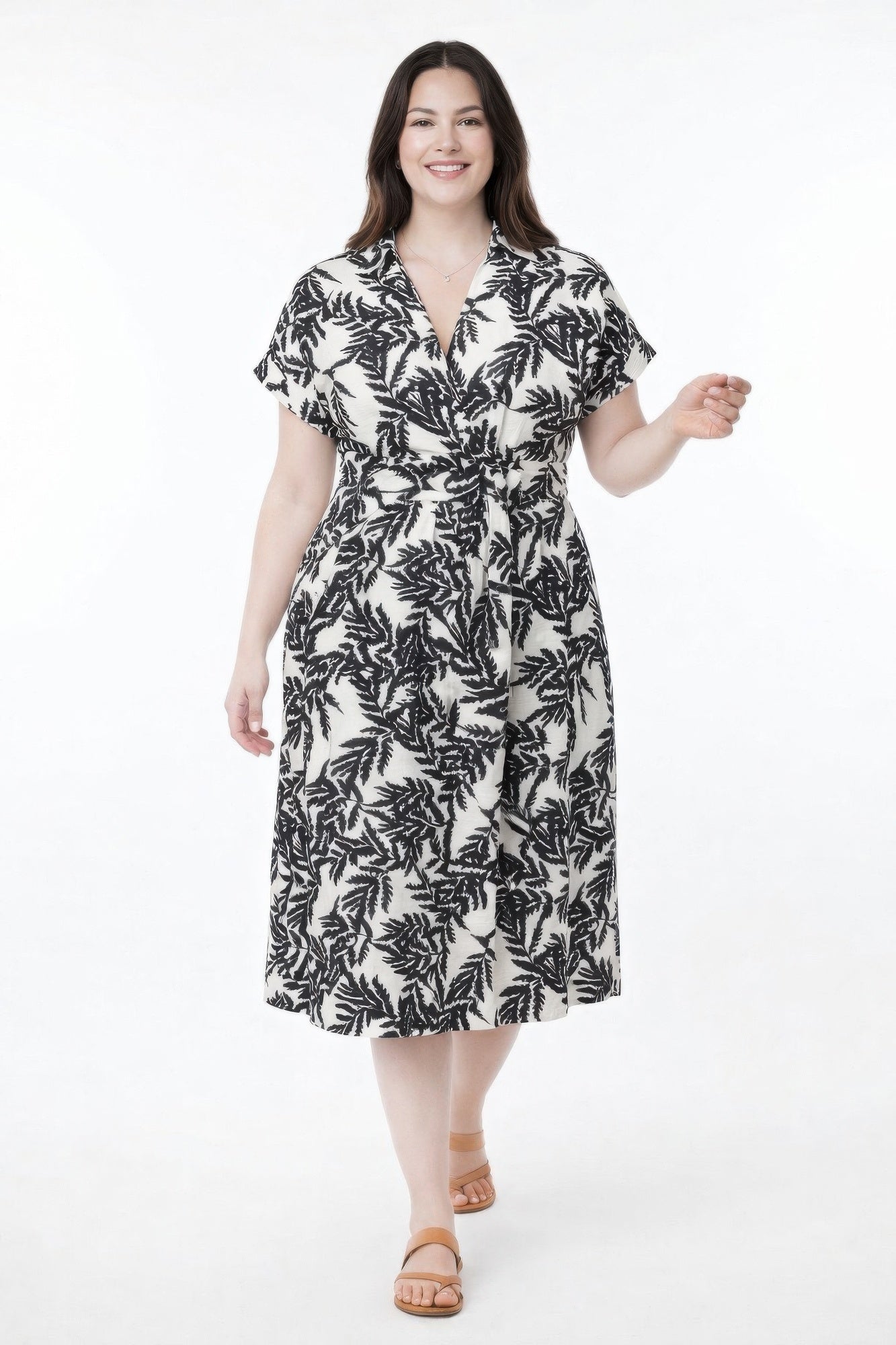 Botanical Print Collared Wrap Waist Midi Dress  Shop One Place