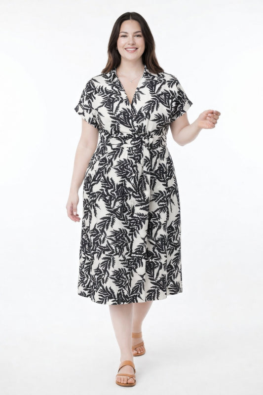 Botanical Print Collared Wrap Waist Midi Dress  Shop One Place