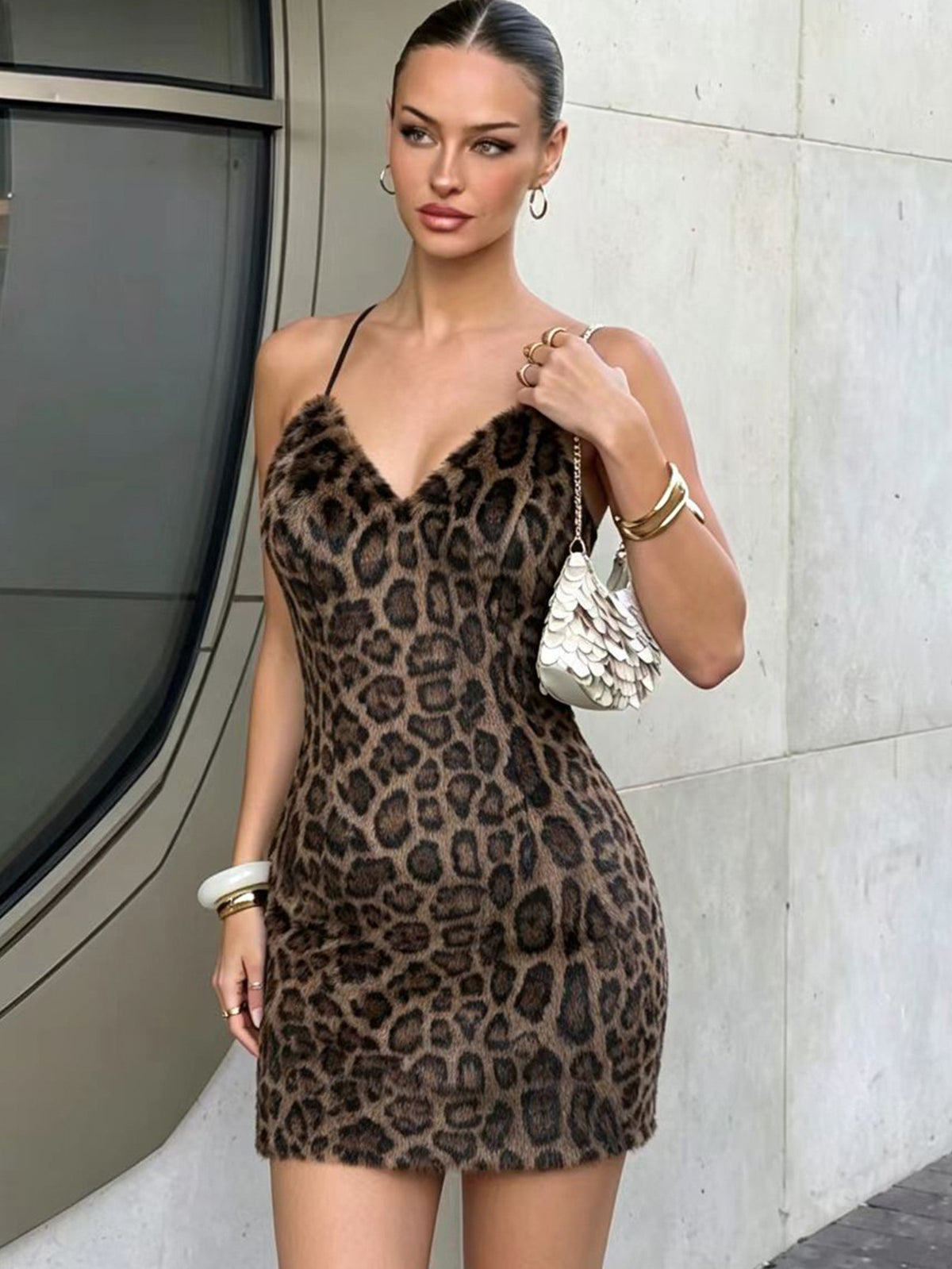 Women's Fuzzy Leopard Print Cami Mini Dress – view 8