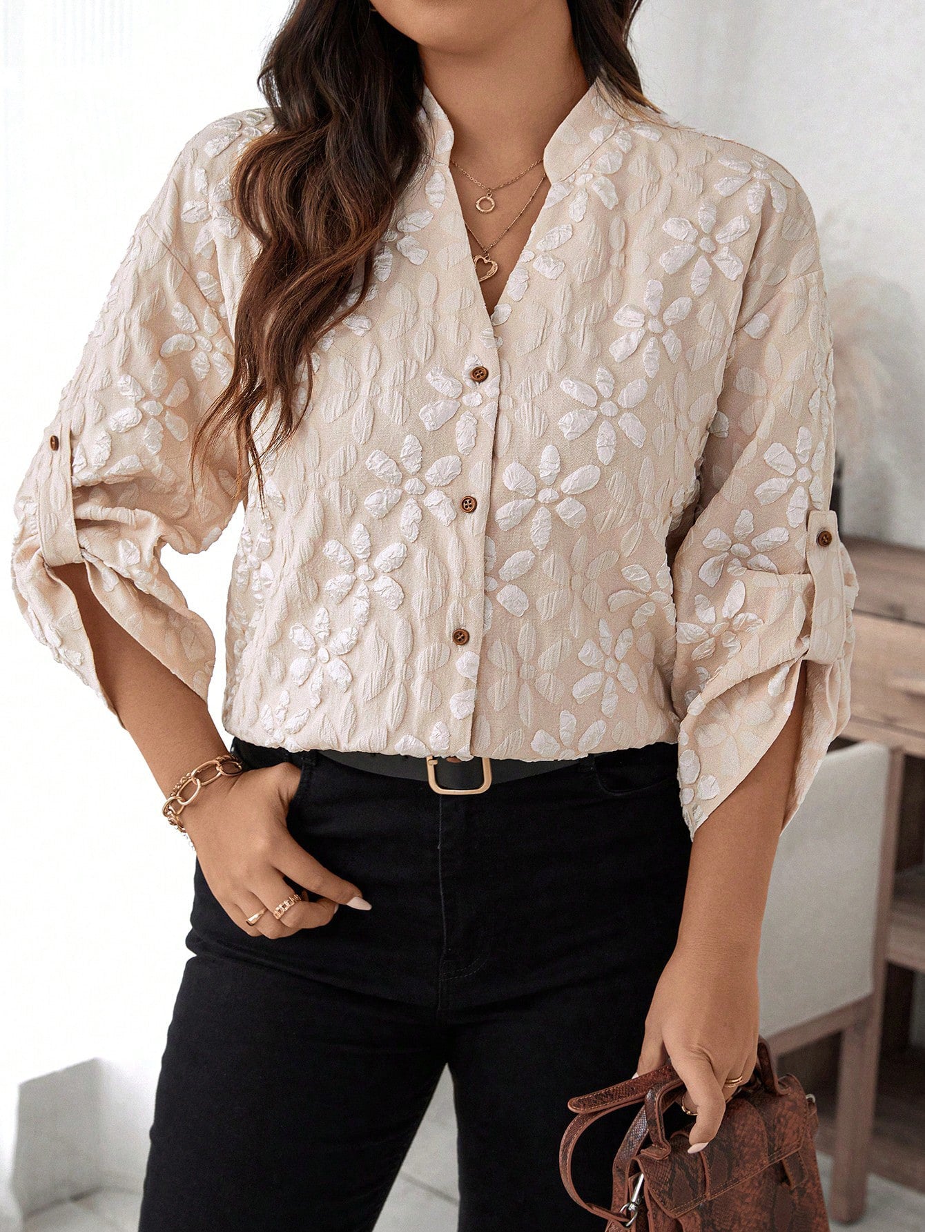 Plus Size Floral Pattern 3/4 Sleeve Shirt