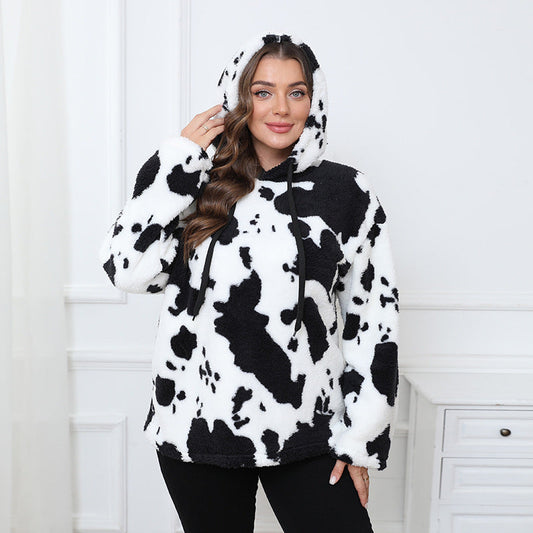 Loose Casual Cow Plush Long Sleeved plus Size Hooded Sweater  Shop One Place