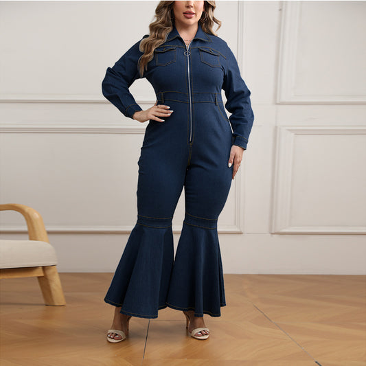 Plus Size Women Denim Zipper Collared Long Sleeve Flared Jumpsuit  Shop One Place