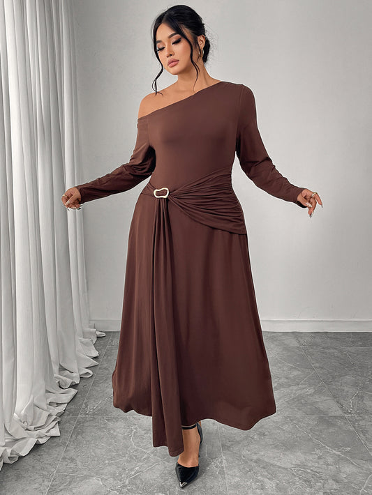 One Shoulder Coffee Maxi Dress with Waist Detail