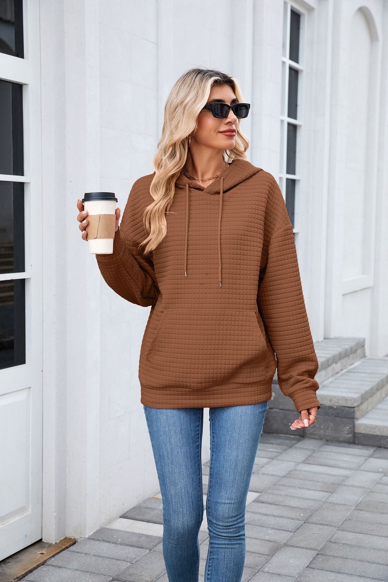 Solid Color Hooded Pocket Loose Long Sleeve Sweatershirt  Shop One Place