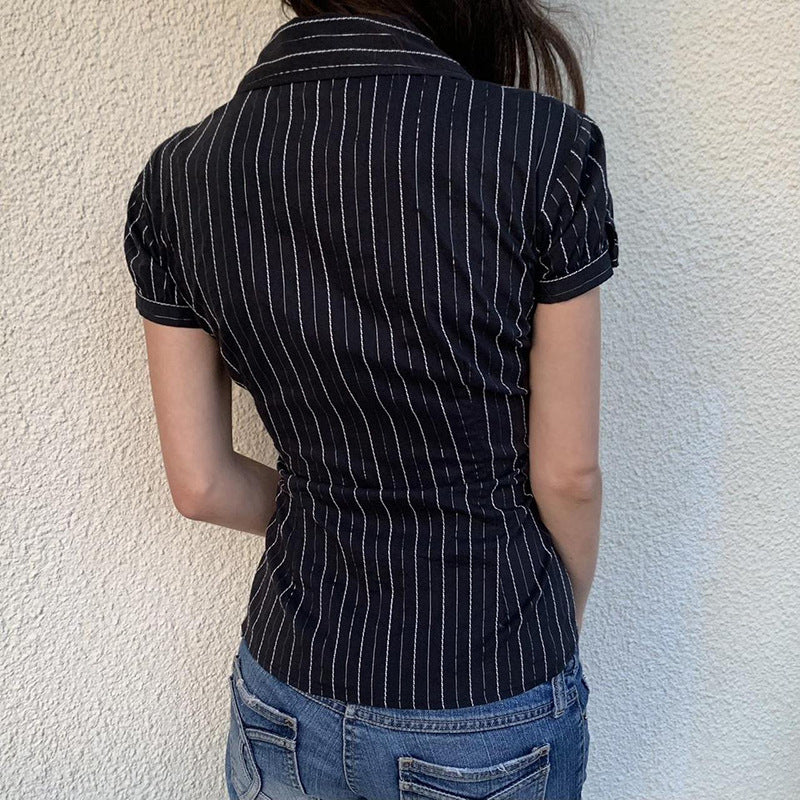 Fashionable Striped Color Matching Breasted Puff Sleeve Top Sexy Intellectual Pleated Chest Flattering Shirt