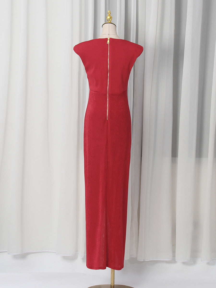Spring V neck Sleeveless Design Split Dress Tight Waist Slimming Metal Decorative Dress Women  Shop One Place