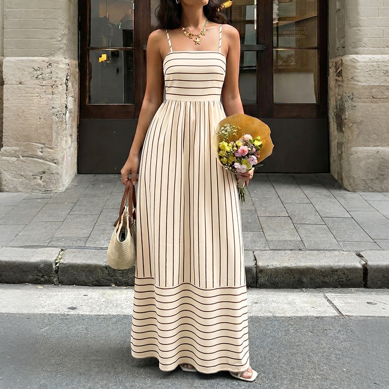 Casual Vacation Striped Spaghetti Straps Backless Waist Trimming Dress  Shop One Place