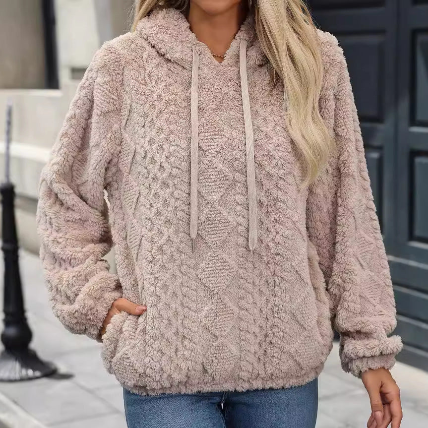 Plush Jacquard Fabric Long Sleeve Loose Hooded Pullover Sweater - Shop One Place