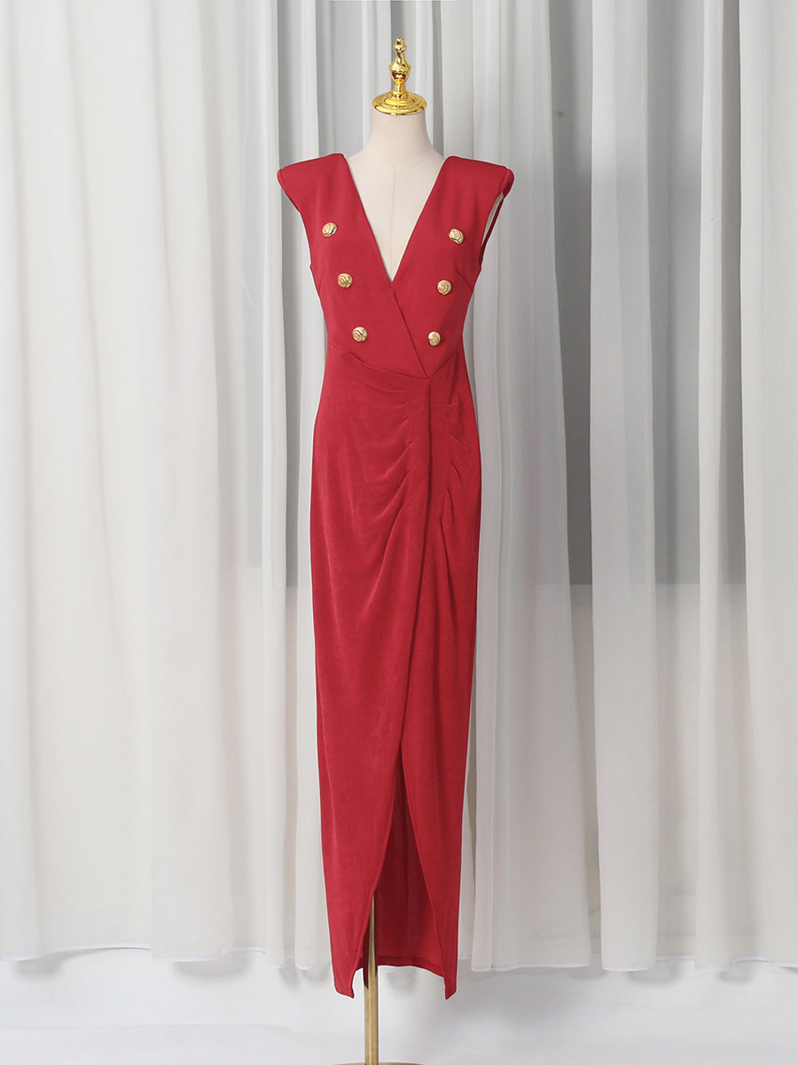 Spring V neck Sleeveless Design Split Dress Tight Waist Slimming Metal Decorative Dress Women  Shop One Place