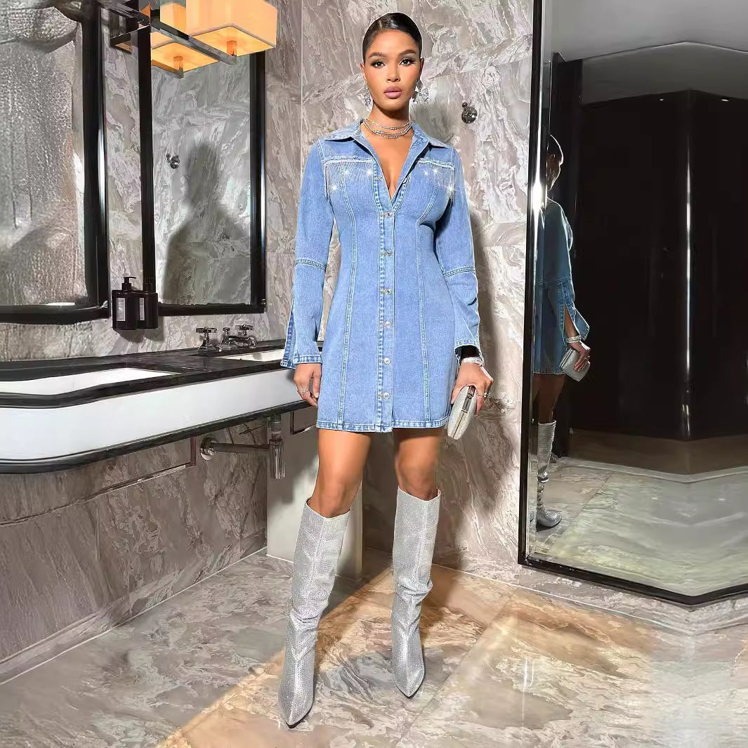 Waist Controlled Slimming Long Sleeve Denim Tassel Dress