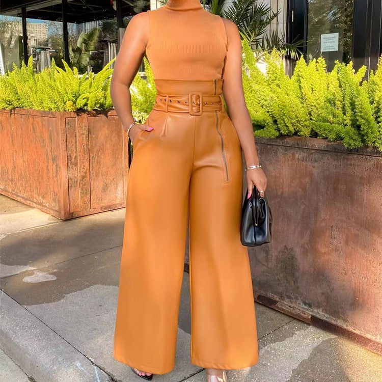 High Waist Faux Leather Wide Leg Pants