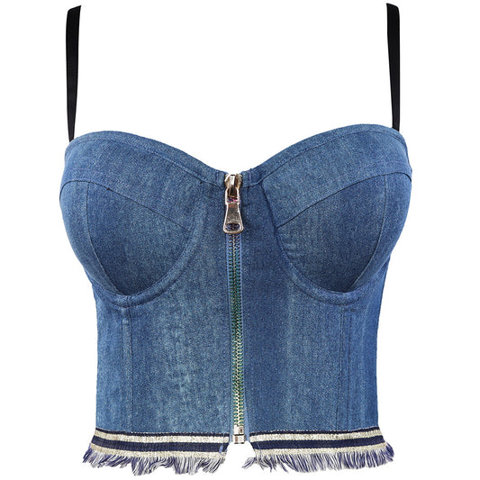 WildQueen Backless Stretch Denim Zipper Vest Tube Top