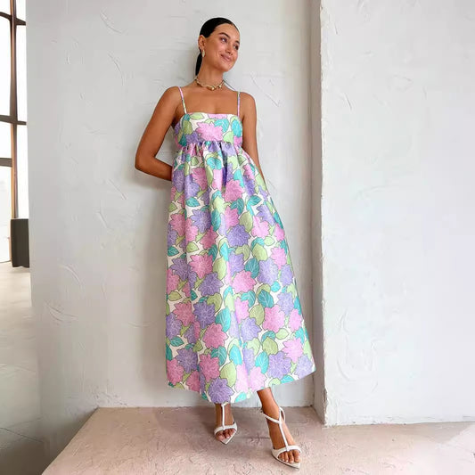 Printed Sling Loose Sleeveless Backless Large Swing Dress  Shop One Place