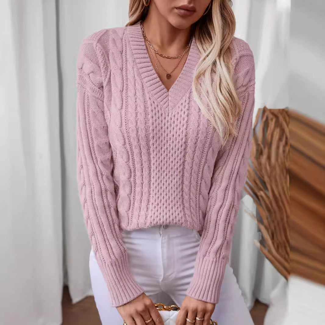 V Neck Pullover Vintage Twisted Pattern Sweater