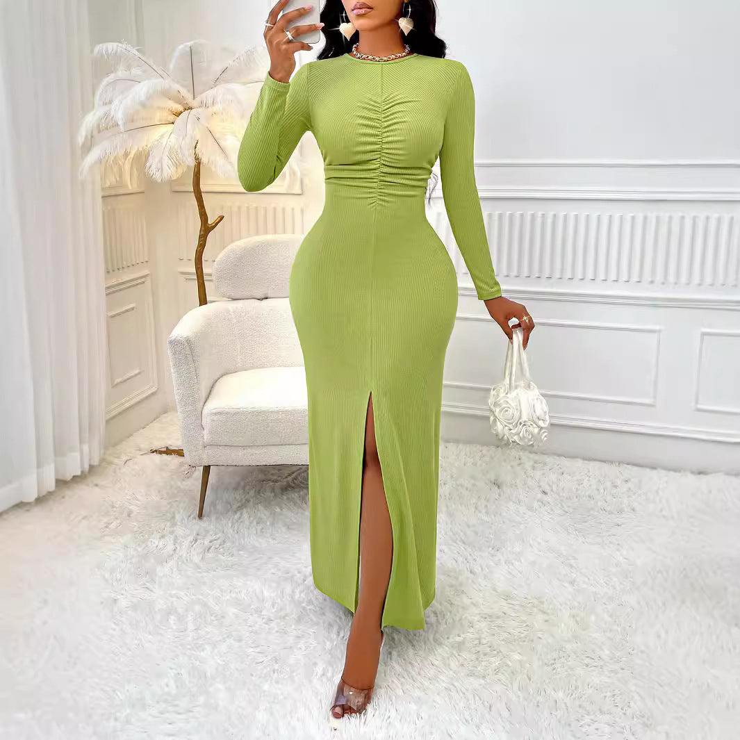 Ruched Split Long Sleeve body contouring Solid Color Dress