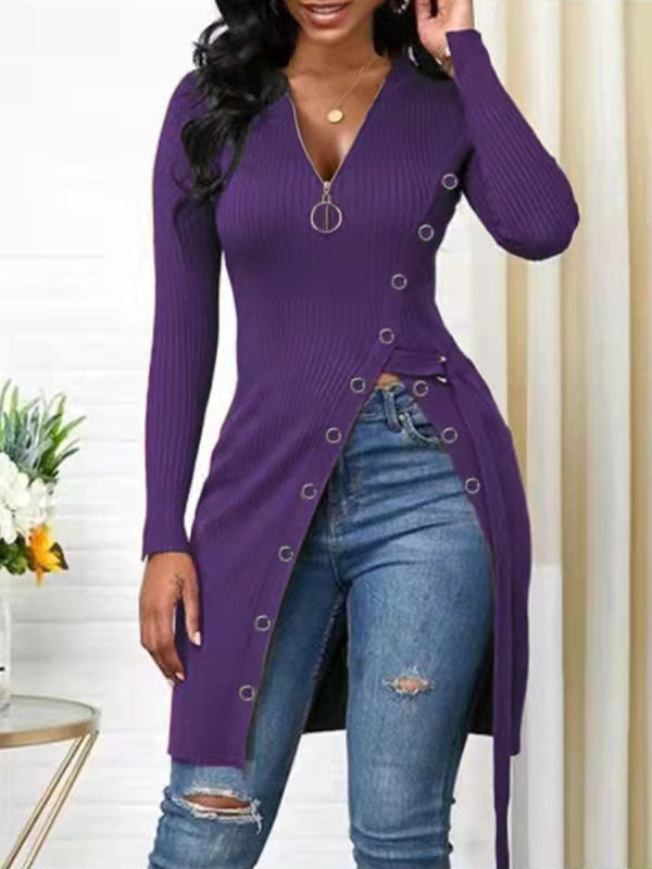 Autumn Winter Women Clothing V-neck Long Sleeve High Slit Thread Zipper T-shirt Top  Shop One Place