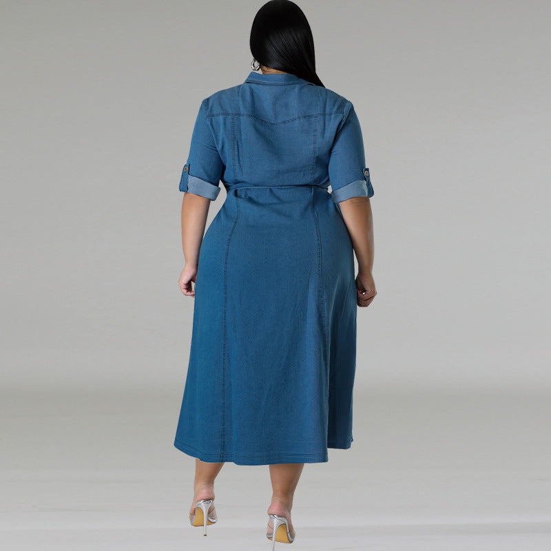 Plus Size Denim Collared Long Sleeve Tied Mid Length Dress