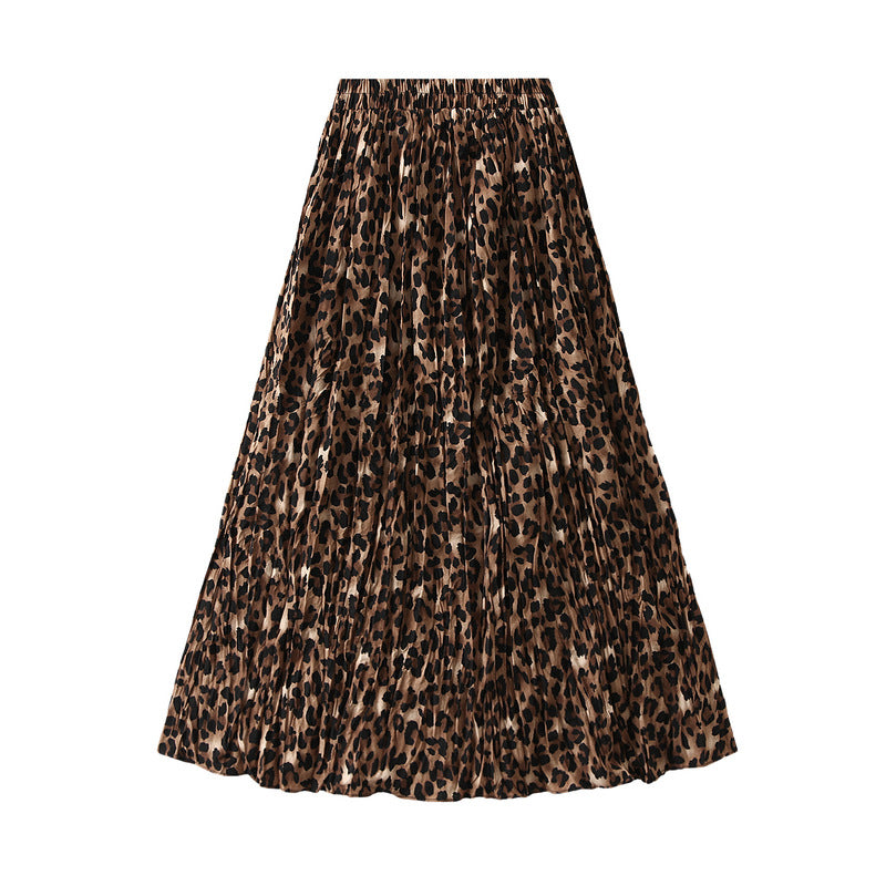 Leopard Print Mid Length Pleated Skirt