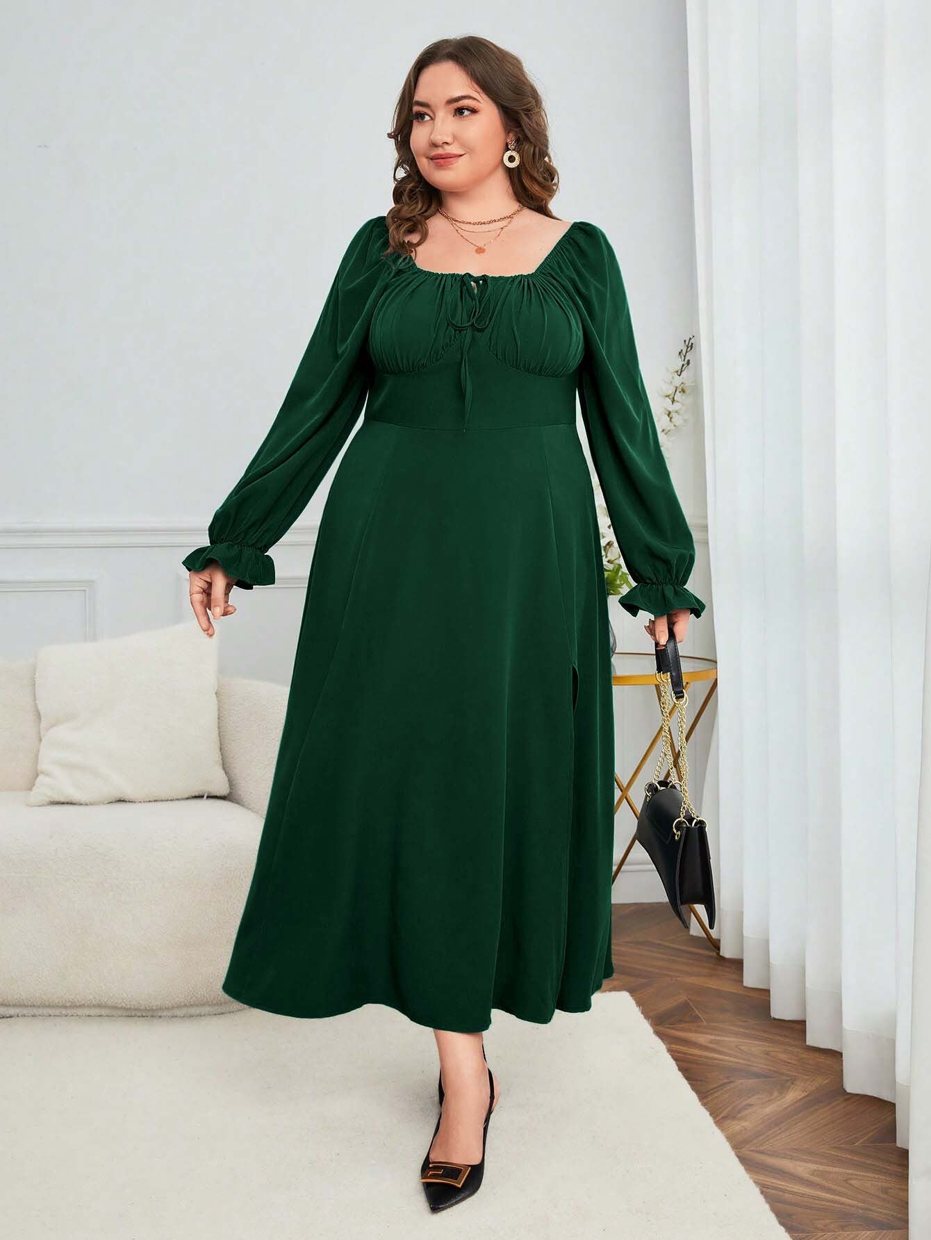 Plus Size French Elegant High Waist Slit Square Collar Midi Dress