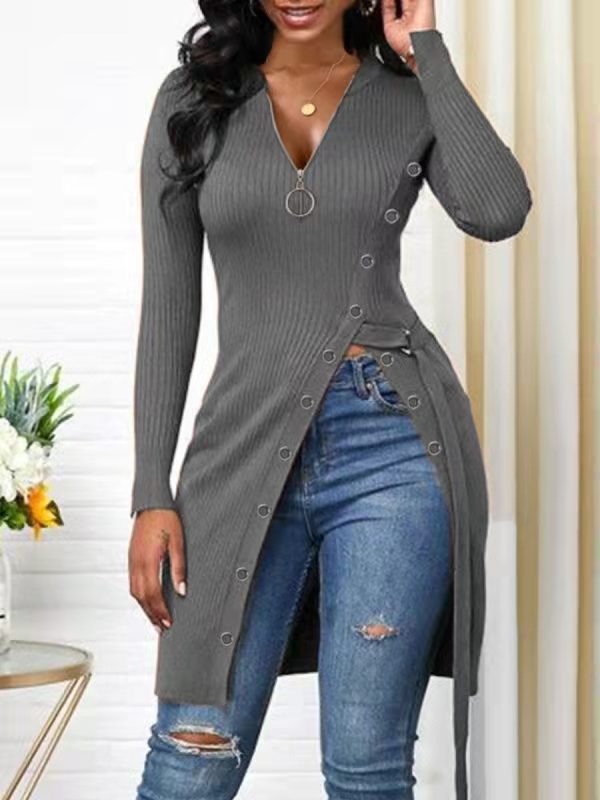 Autumn Winter Women Clothing V-neck Long Sleeve High Slit Thread Zipper T-shirt Top  Shop One Place