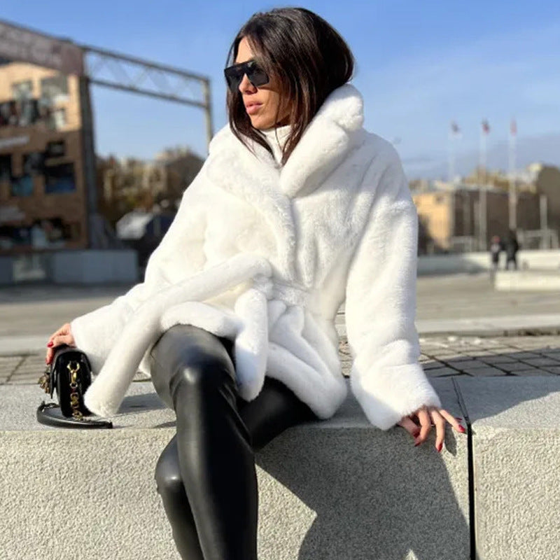 Luxe Belted Imitation Rabbit Fur Coat  Shop One Place