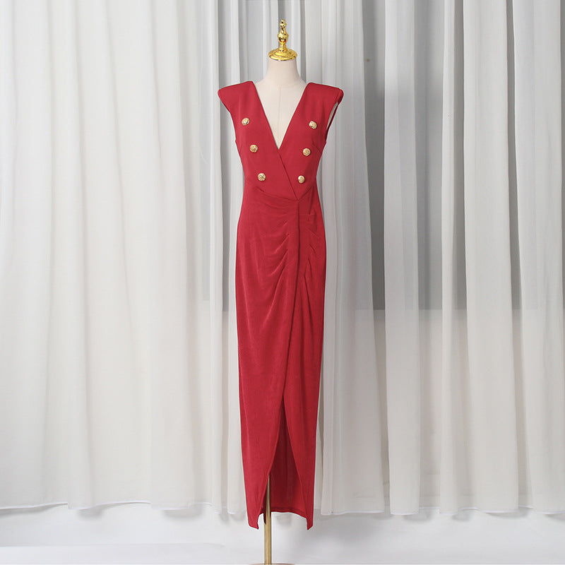 Spring V neck Sleeveless Design Split Dress Tight Waist Slimming Metal Decorative Dress Women  Shop One Place