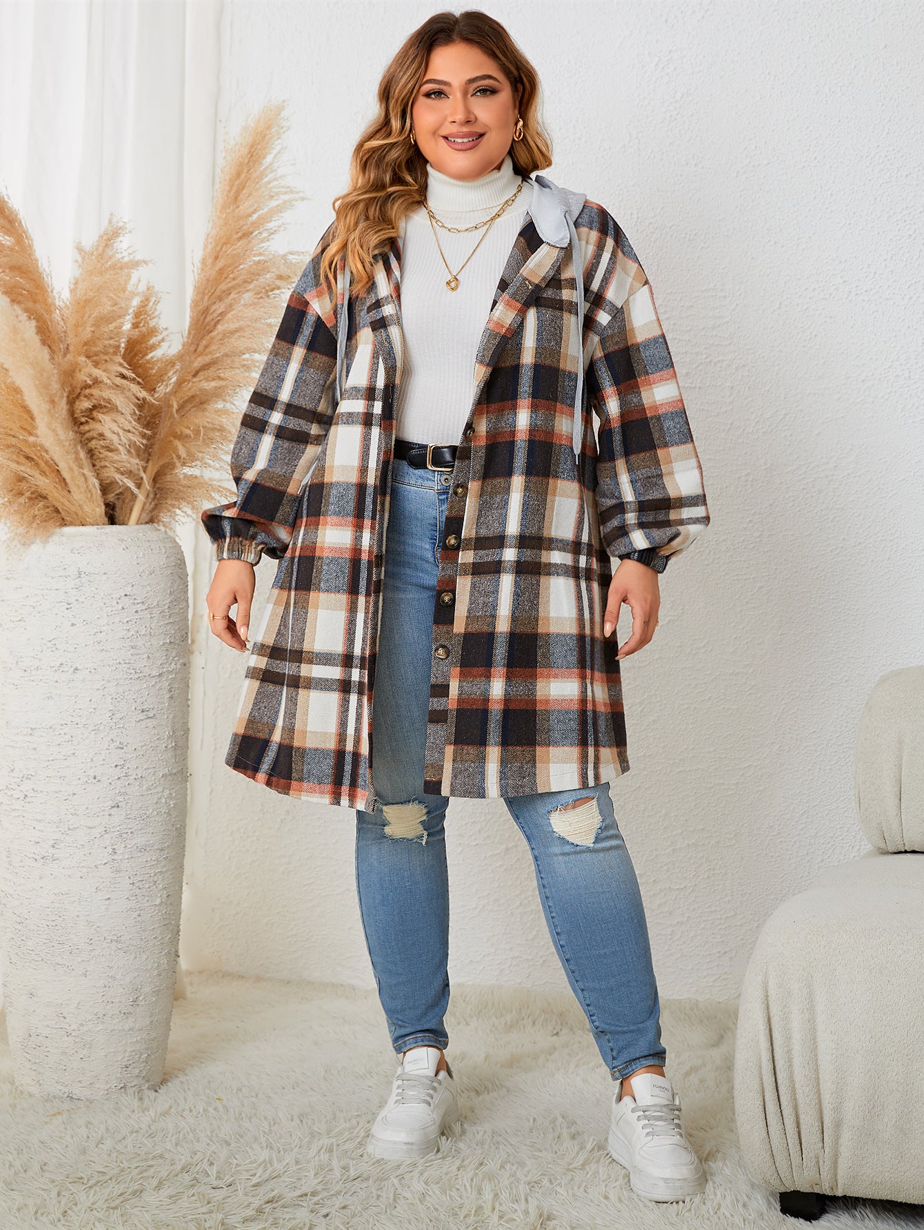 Plus Size Women's Plaid Hooded Mid Length Coat