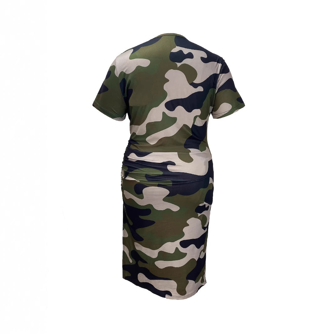 Plus Size Camouflage Printed round Neck Side Pleated High Slit Shoulder Sleeve Dress  Shop One Place