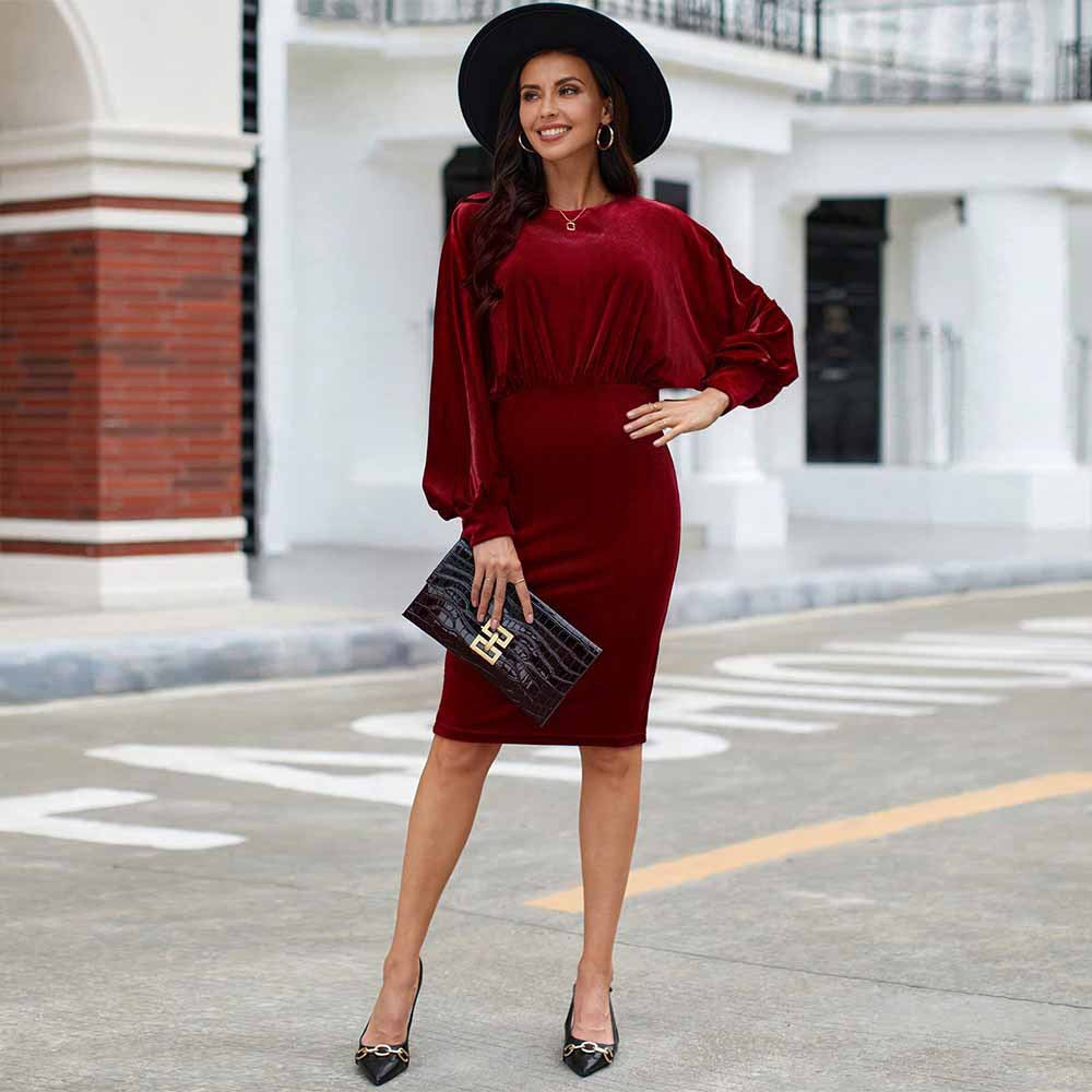 Elegant Red Long Sleeve Midi Dress