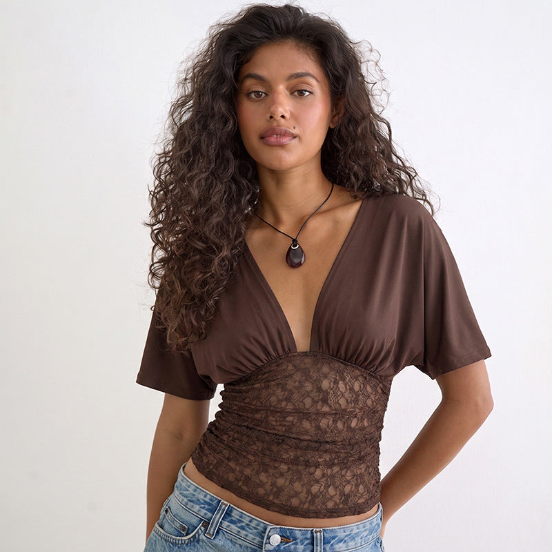 Spring Summer Elegant Slim Deep V Plunge Batwing Sleeve Splicing Lace Top Women  Shop One Place