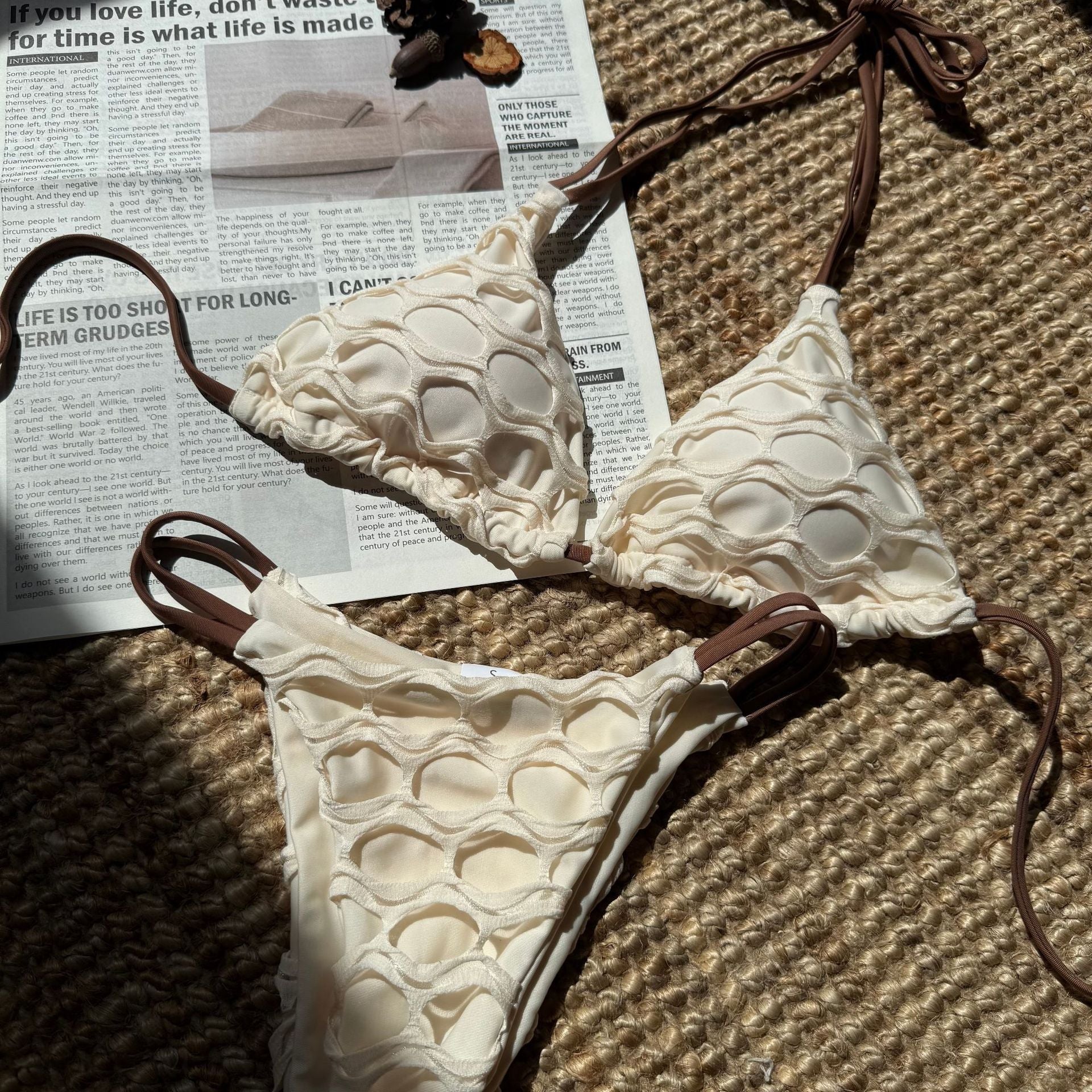 Backless Mesh Stitching Drawstring Bikini  Shop One Place
