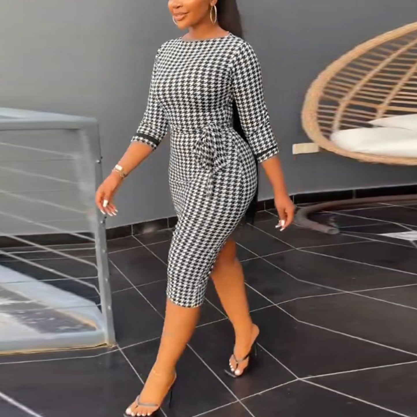 Sexy Black White Plaid Hip Tight Mid Length 3/4 Sleeve Dress