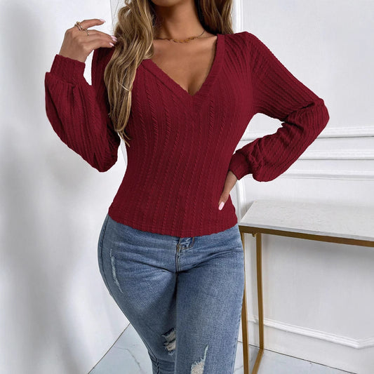 Lantern Sleeve Slim V-Neck Blouse  Shop One Place