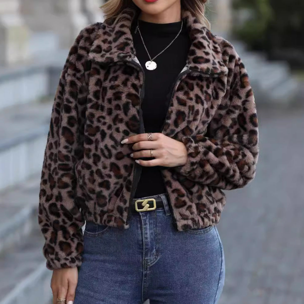 Flash Velvet Women Loose Zip Long Sleeve Leopard Print Plush Coat