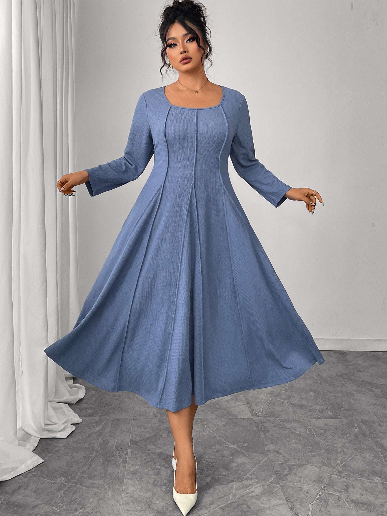 Plus Size Square Collar Long Sleeve Maxi Dress