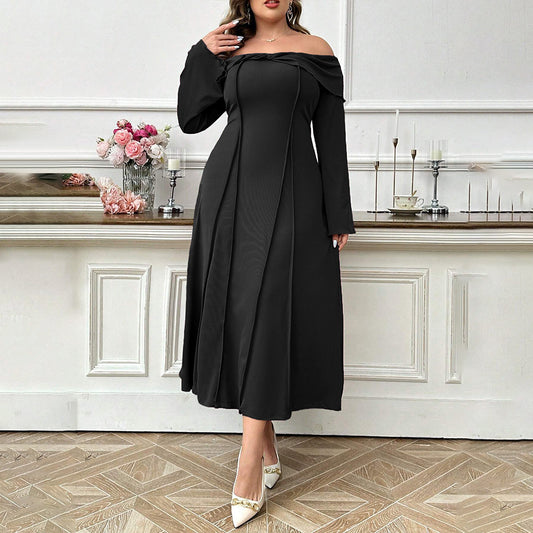 Plus Size Women Elegant Boat Collar Midi Dress