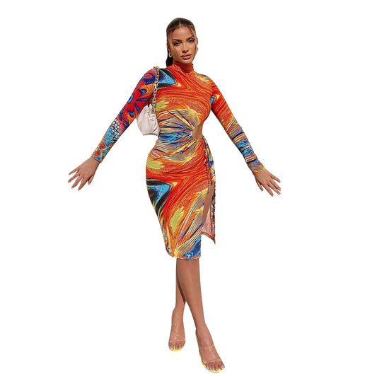 Women Clothing Sexy Mid Waist Printed Milk Silk Midi Dress  Shop One Place