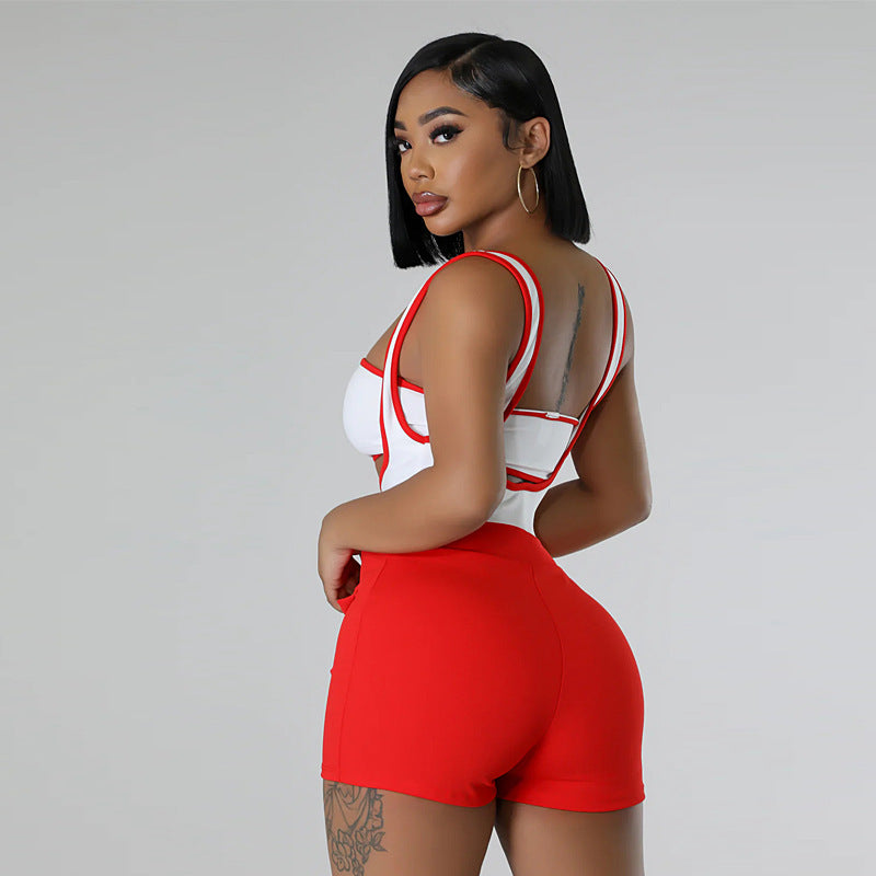 Women Clothing Color Matching Stretch Shorts Suit Summer Sleeveless Suspender Shorts Sexy Two Piece Suit