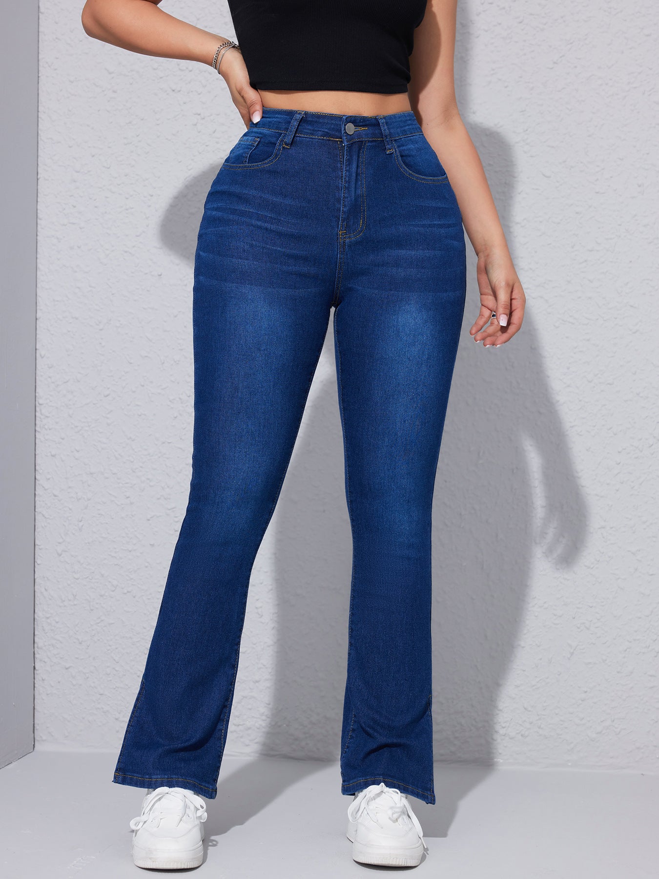 High Waist Stretch Foot Slit Slim Jeans