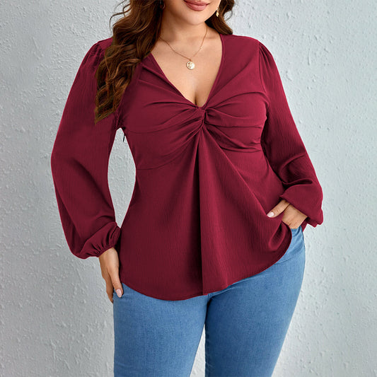 Plus Size Lady like V neck Wine Red Top