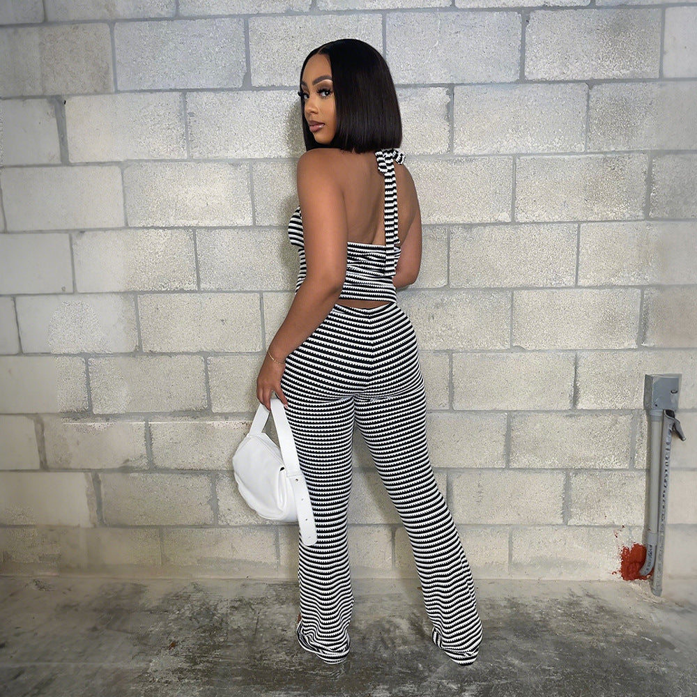 Knotted Short Sexy Top Match Slim Fit Pencil Pants Two-Piece Jacquard Stripes  Shop One Place